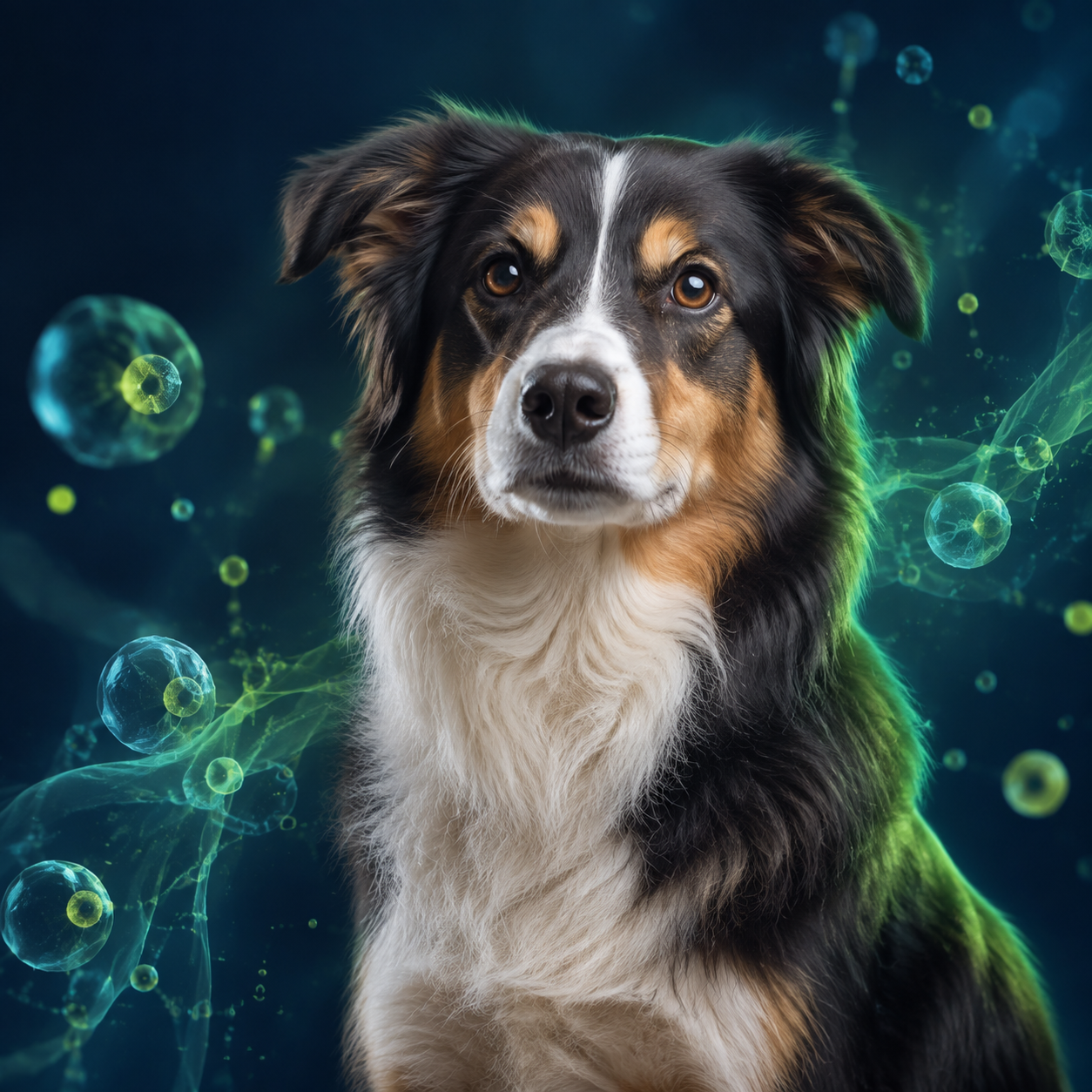 Cão envolvido por elementos celulares que representam a medicina regenerativa